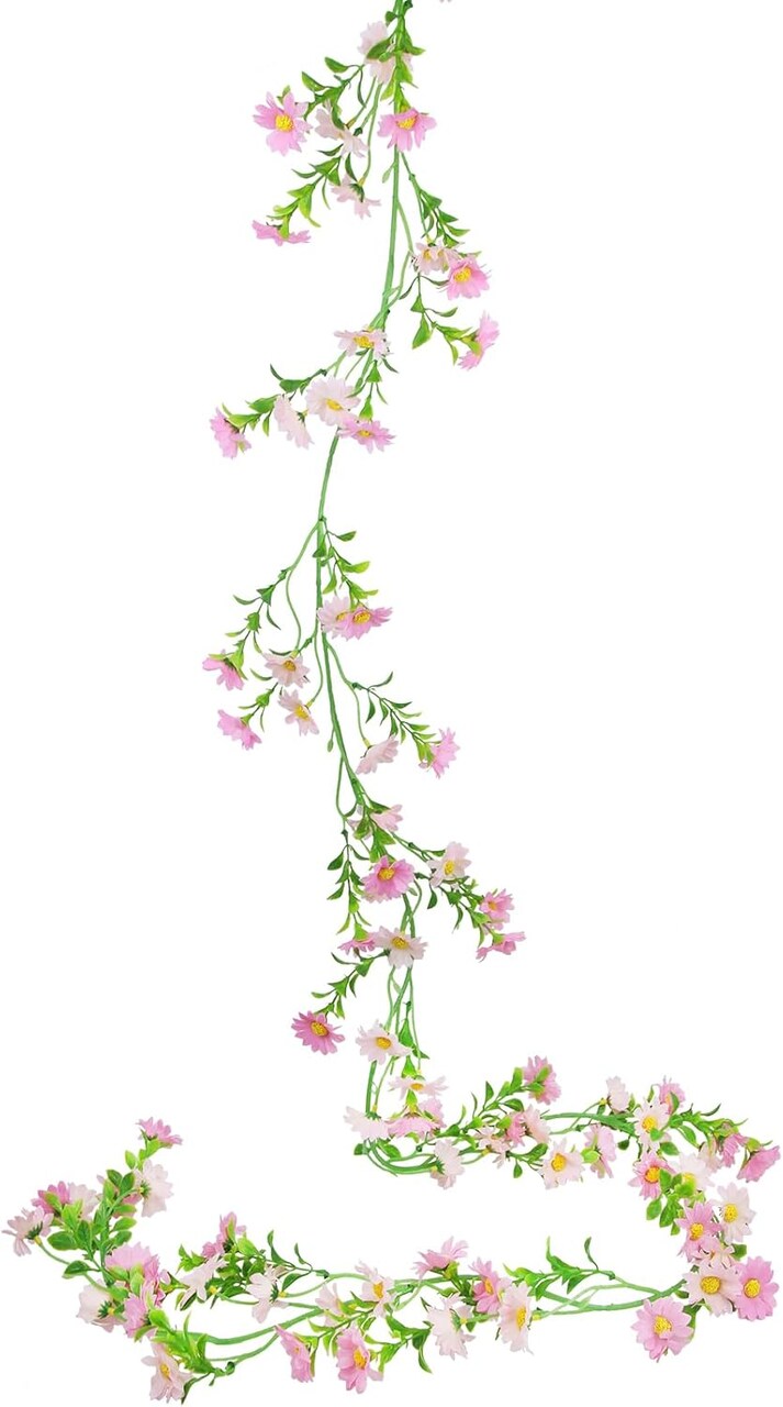 Spring Floral Garlands – Artificial Daisy Flower Vine, Silk Wildflower Garland with Light Pink Daisies & Green Leaves, Hanging Floral Vine for Wall, Wedding Arch, Party Decor Indoor & Outdoor